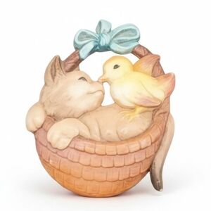 EUC Antique Inri Italy Hand Carved Wooden Ferrandiz Cat & Bird Basket Ornament!